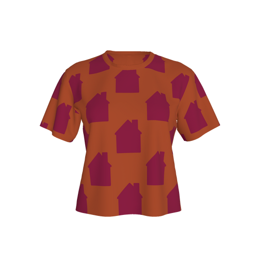 Women's Waist Length Boxy T-shirt - Orange/Pink Houses