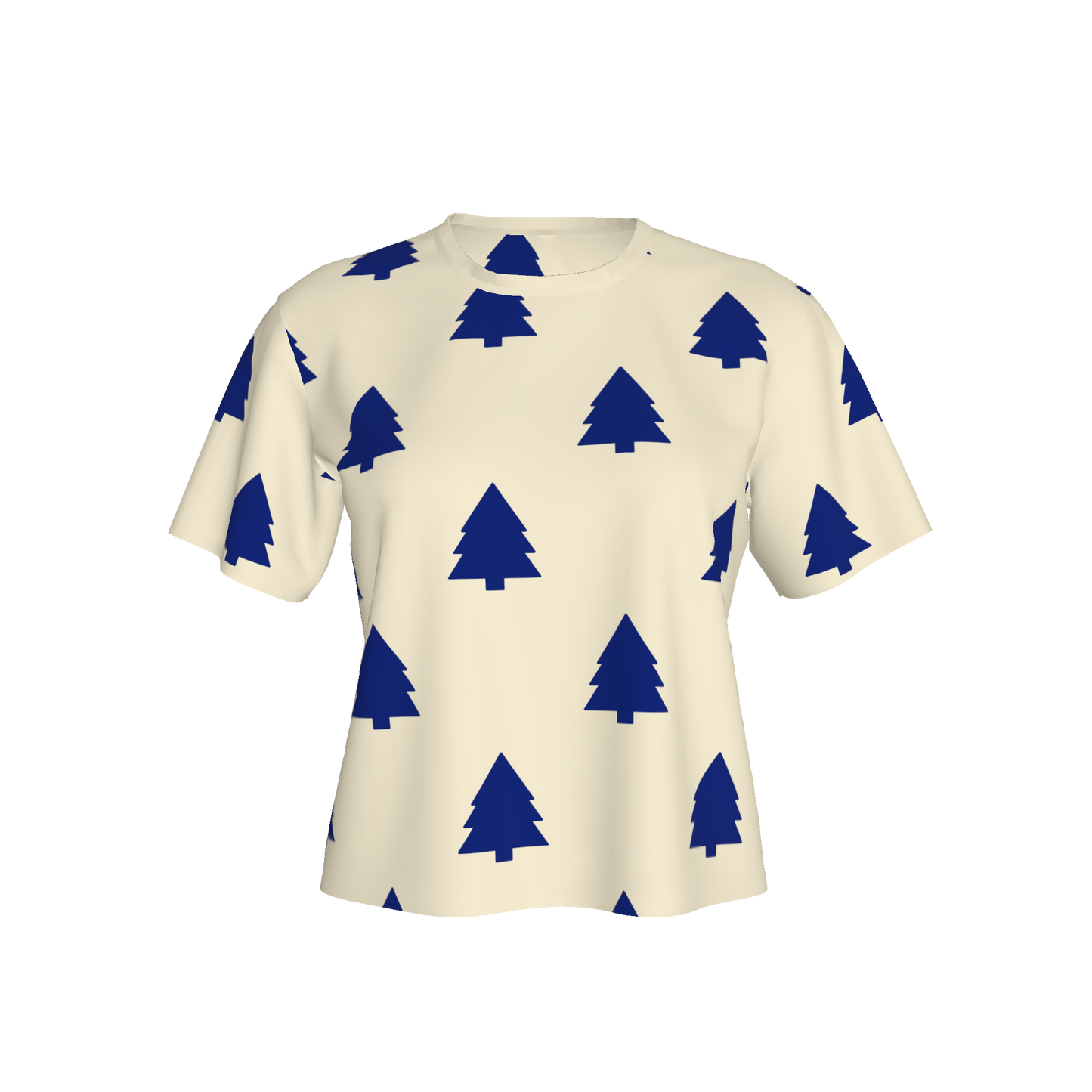 Women's Waist Length Boxy T-shirt - White/Blue Trees