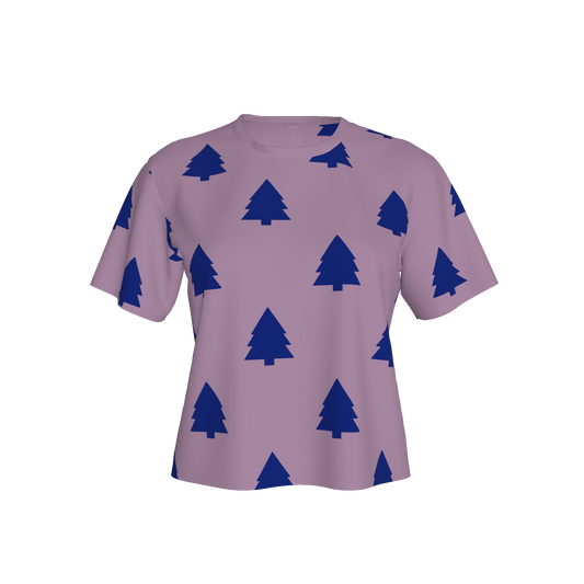 Women's Waist Length Boxy T-shirt - Purple/Blue Trees