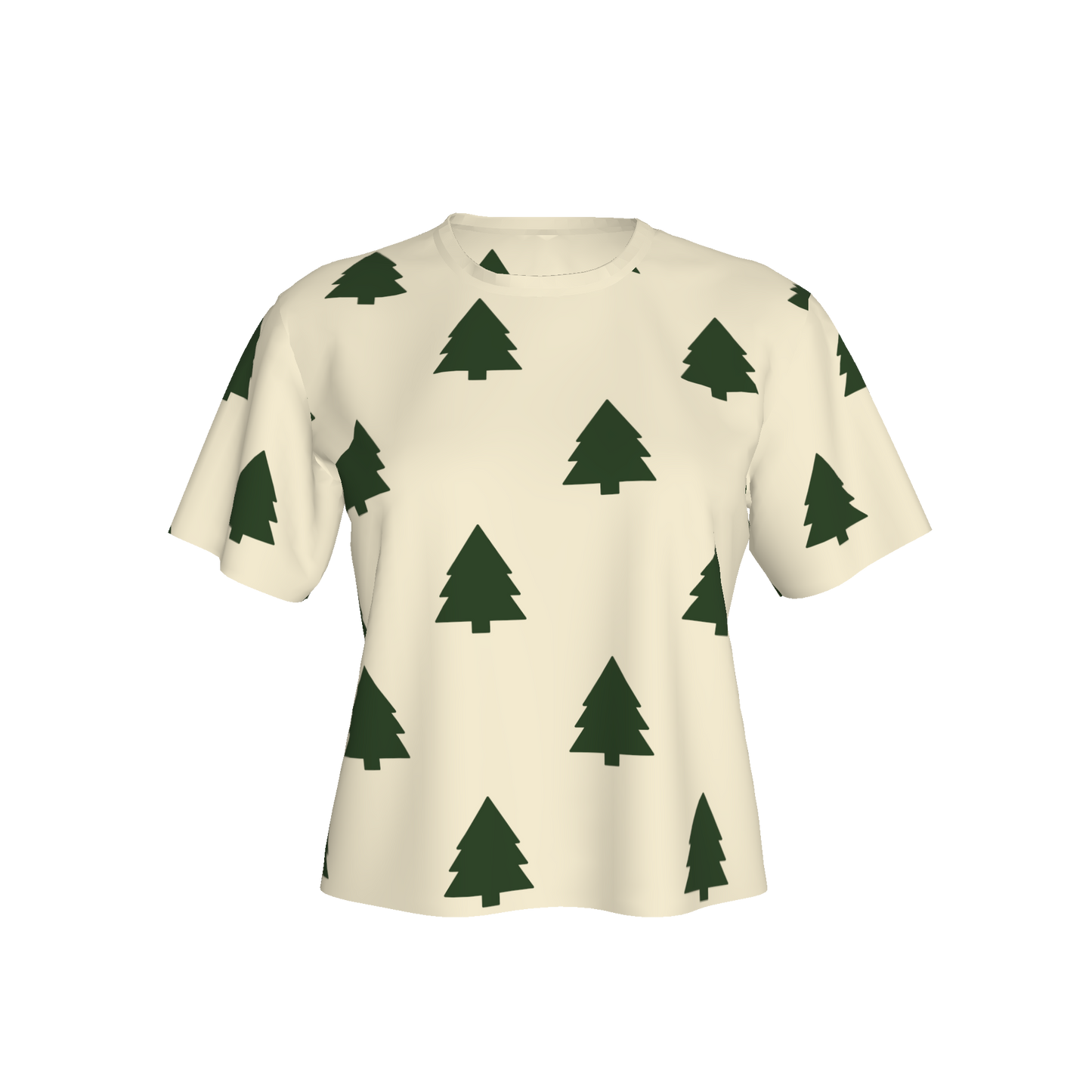 Women's Waist Length Boxy T-shirt - White/Green Trees