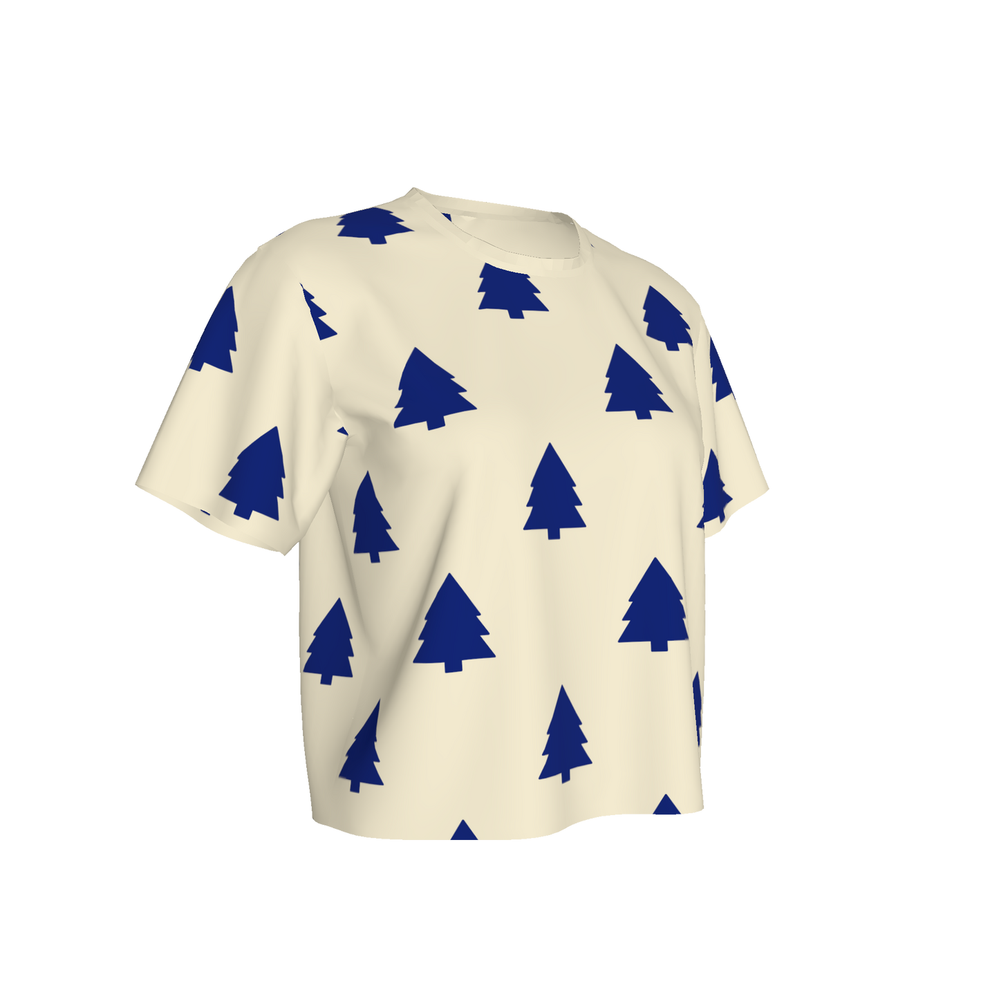 Women's Waist Length Boxy T-shirt - White/Blue Trees