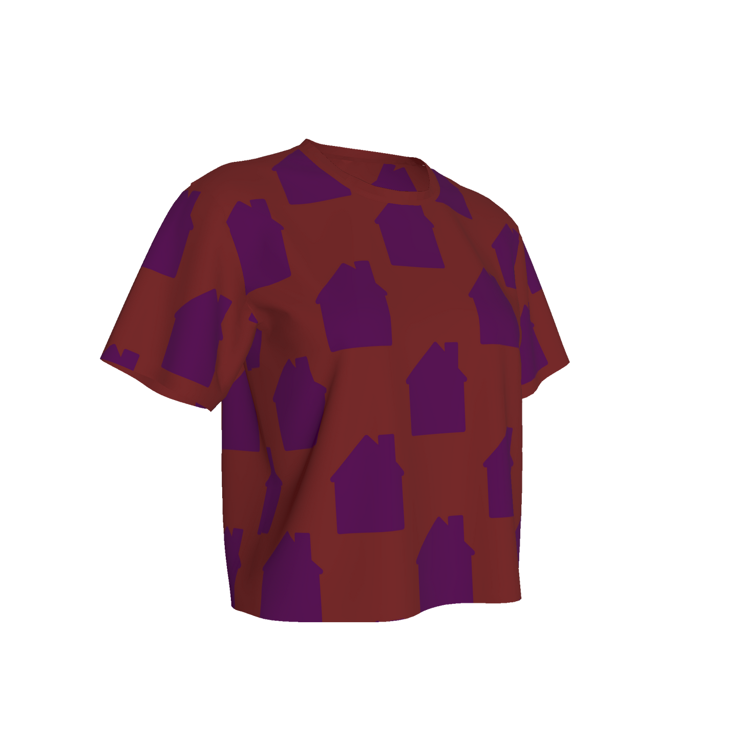 Women's Waist Length Boxy T-shirt - Brown/Purple Houses