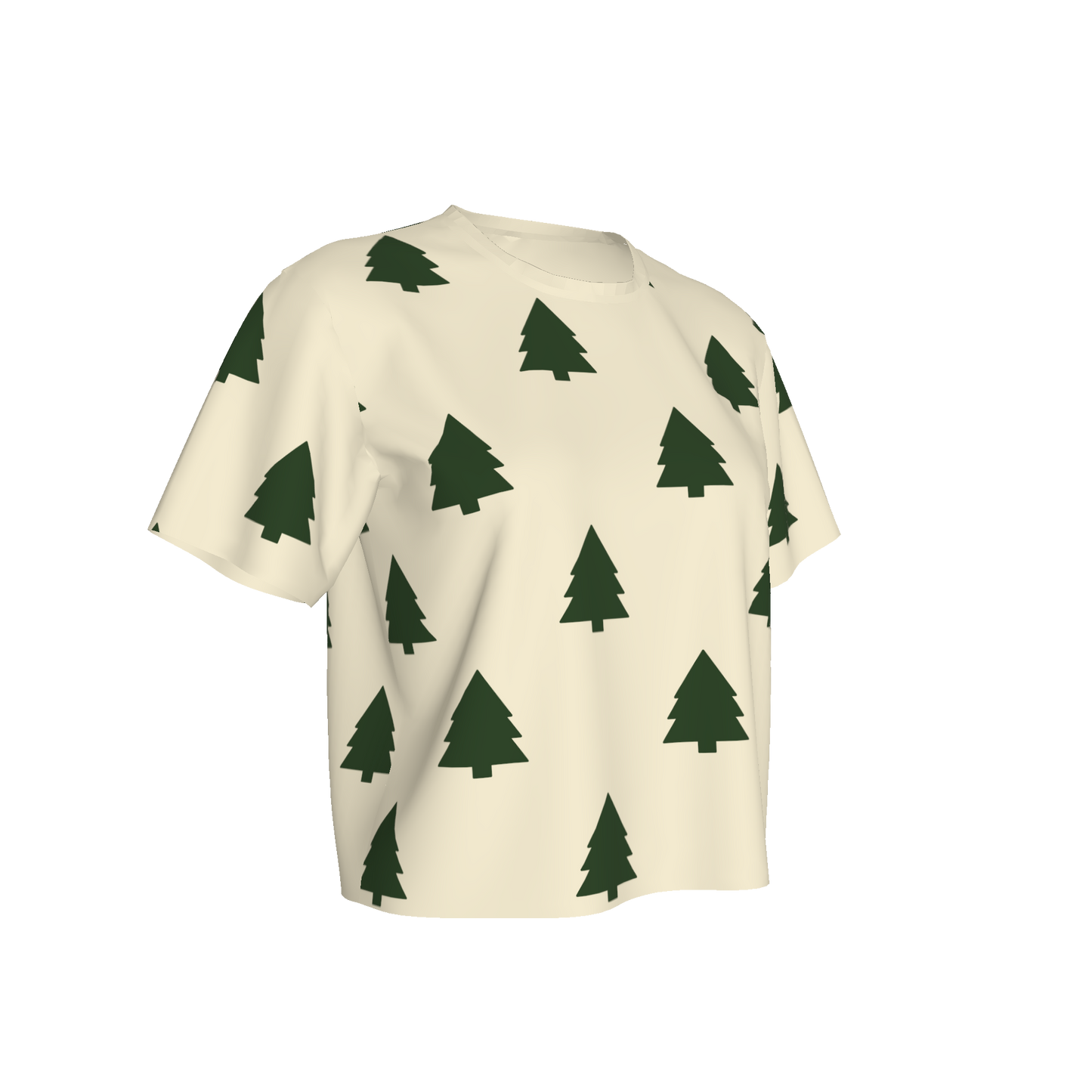 Women's Waist Length Boxy T-shirt - White/Green Trees